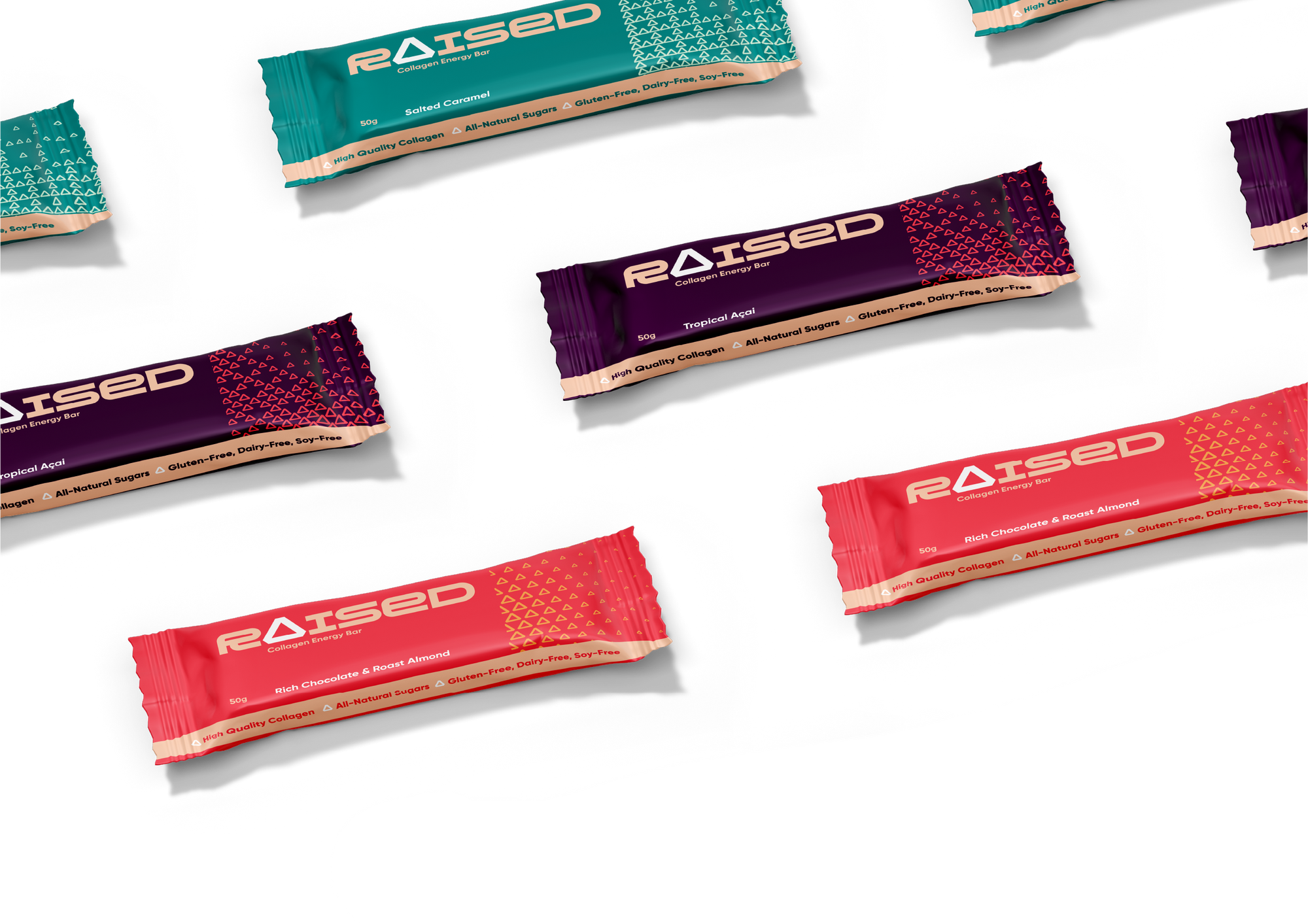 Multiple packages of Raised bars in various colors on a white background